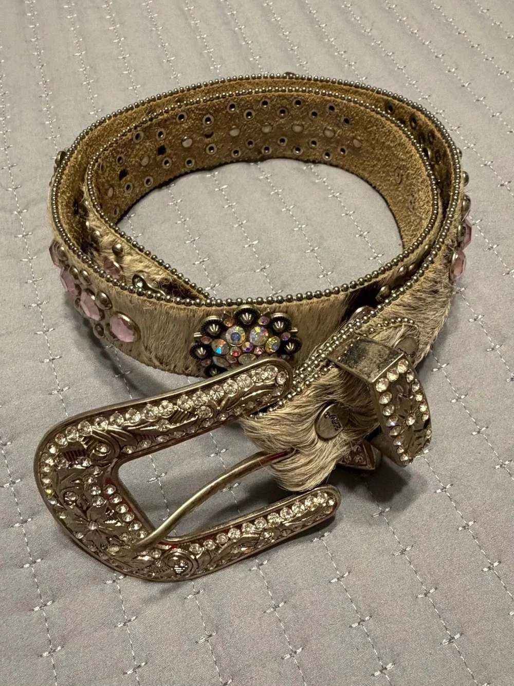 Western-Style Women’s Belt with rhinestones Pink Cowhide genuine leather - Picture 1 of 12